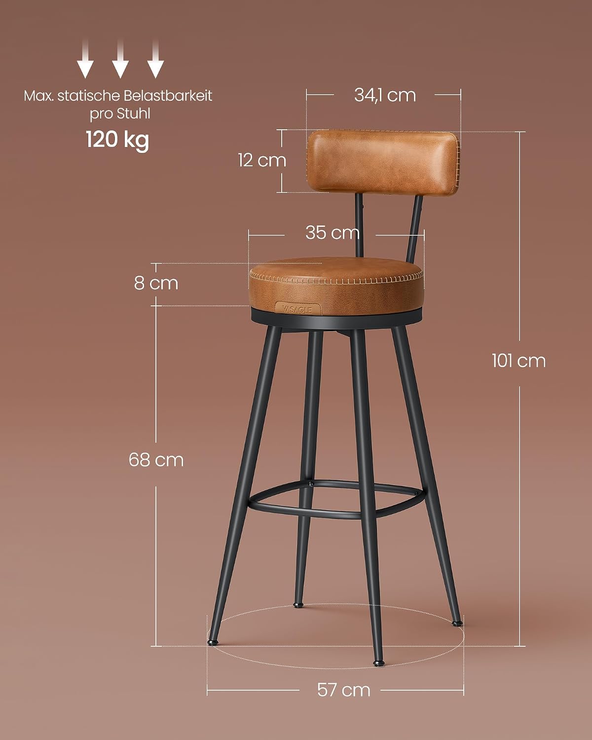 Barhocker 56x56x101 cm drehbar Kunstleder Karamell von Songmics