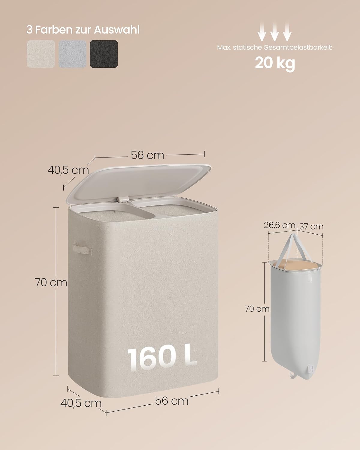 Wäschekorb 160 l 2 Fächer faltbar Cappuccino von Songmics