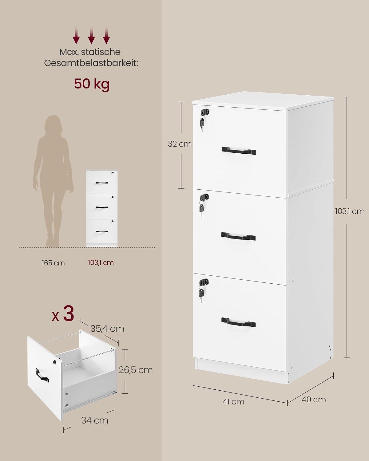 Aktenschrank 3 Schubladen A4 abschliessbar Wolkenweiss von Songmics