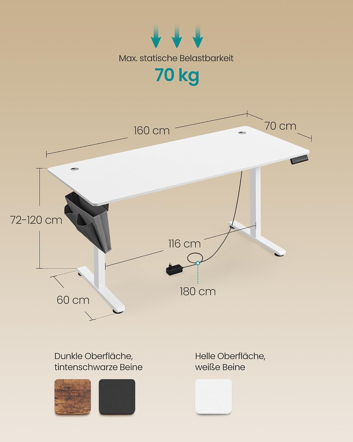 Schreibtisch elektrisch höhenverstellbar 160x70 cm Weiss von Songmics