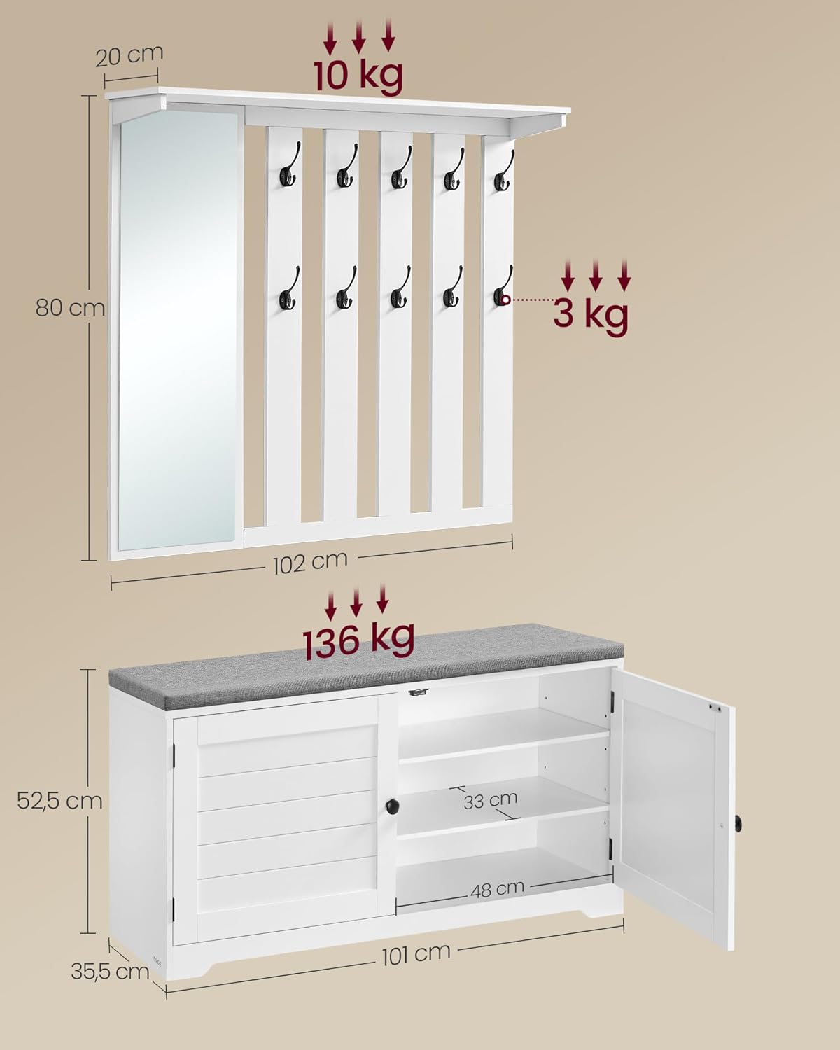 Schuhbank Set mit Spiegel Garderobe Haken Sitzpolster weiß von Songmics