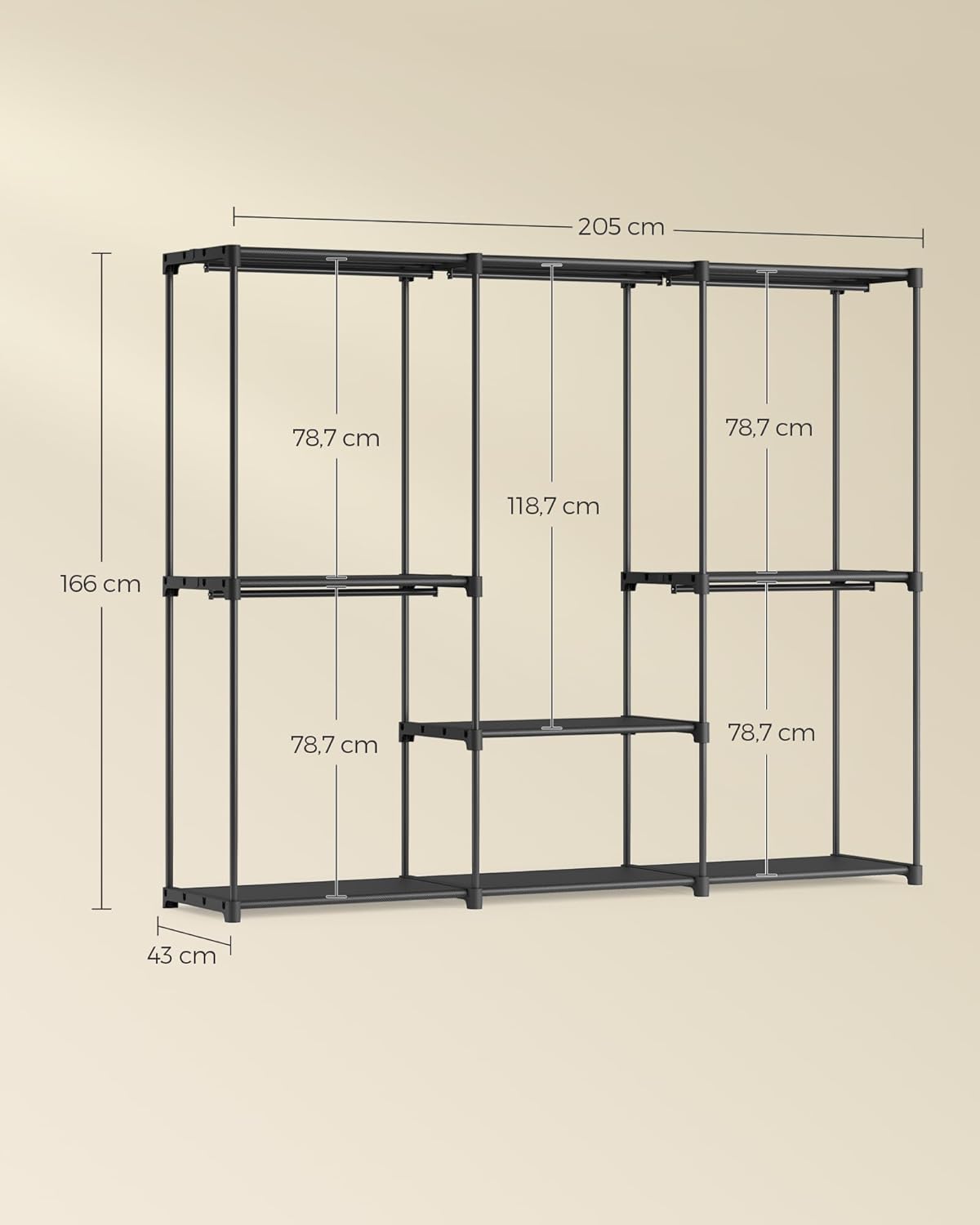 Kleiderschrank offen 205x43x166 cm Schwarz 4 Kleiderstangen von Songmics