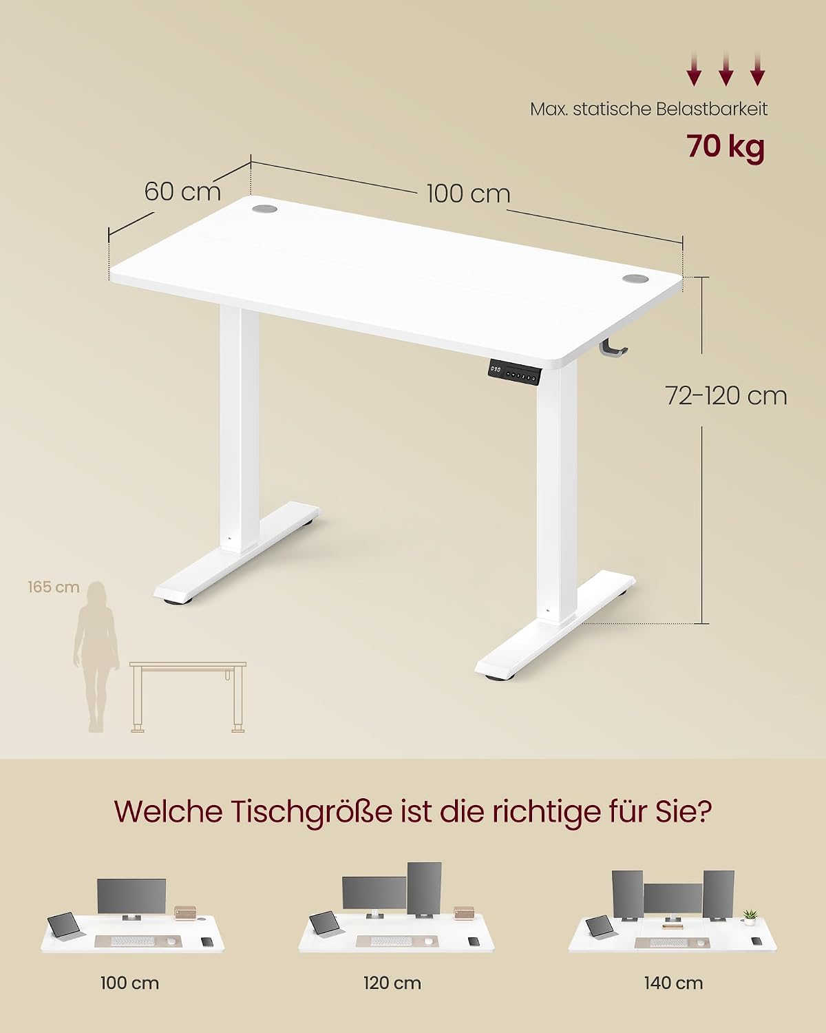 Schreibtisch 100x60 cm elektrisch höhenverstellbar Weiss von Songmics