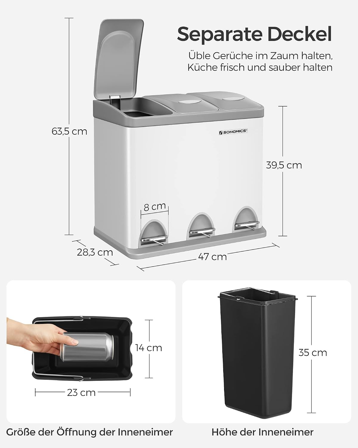 Mülltrenner 3 Fächer 24 l Tretmülleimer Weiss von Songmics