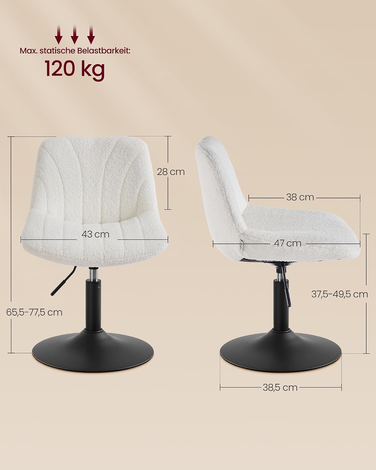 Schminkhocker Barhocker drehbar Cremeweiss 65,5-77,5 cm von Songmics