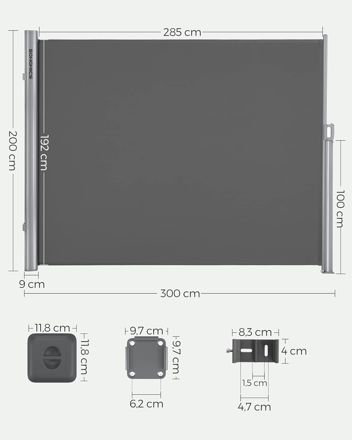 Seitenmarkise 200x300 cm Grau Sichtschutz Terrasse Balkon von Songmics
