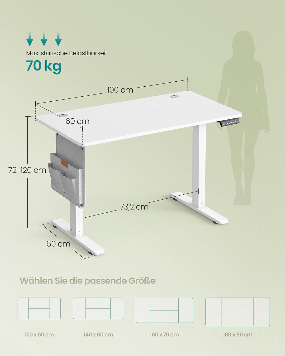 Elektrischer Schreibtisch 100x60 cm höhenverstellbar Weiss von Songmics