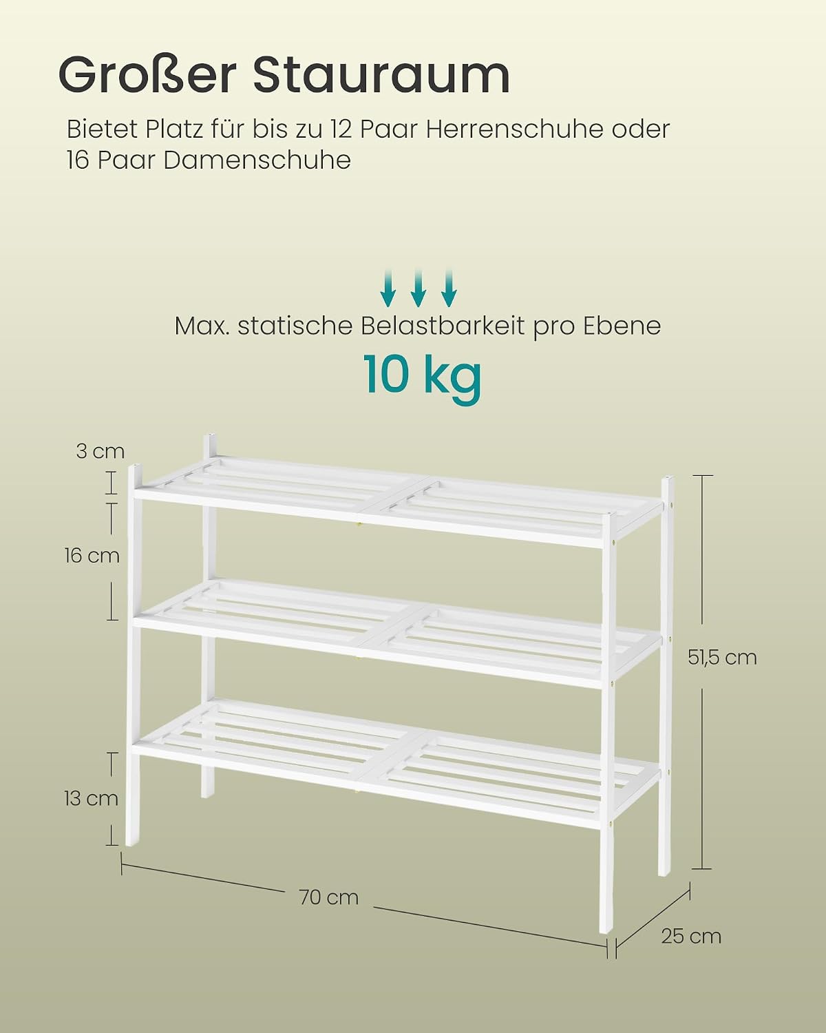 Schuhregal 3 Ebenen 70x25x51,5 cm Bambus Weiss von Songmics