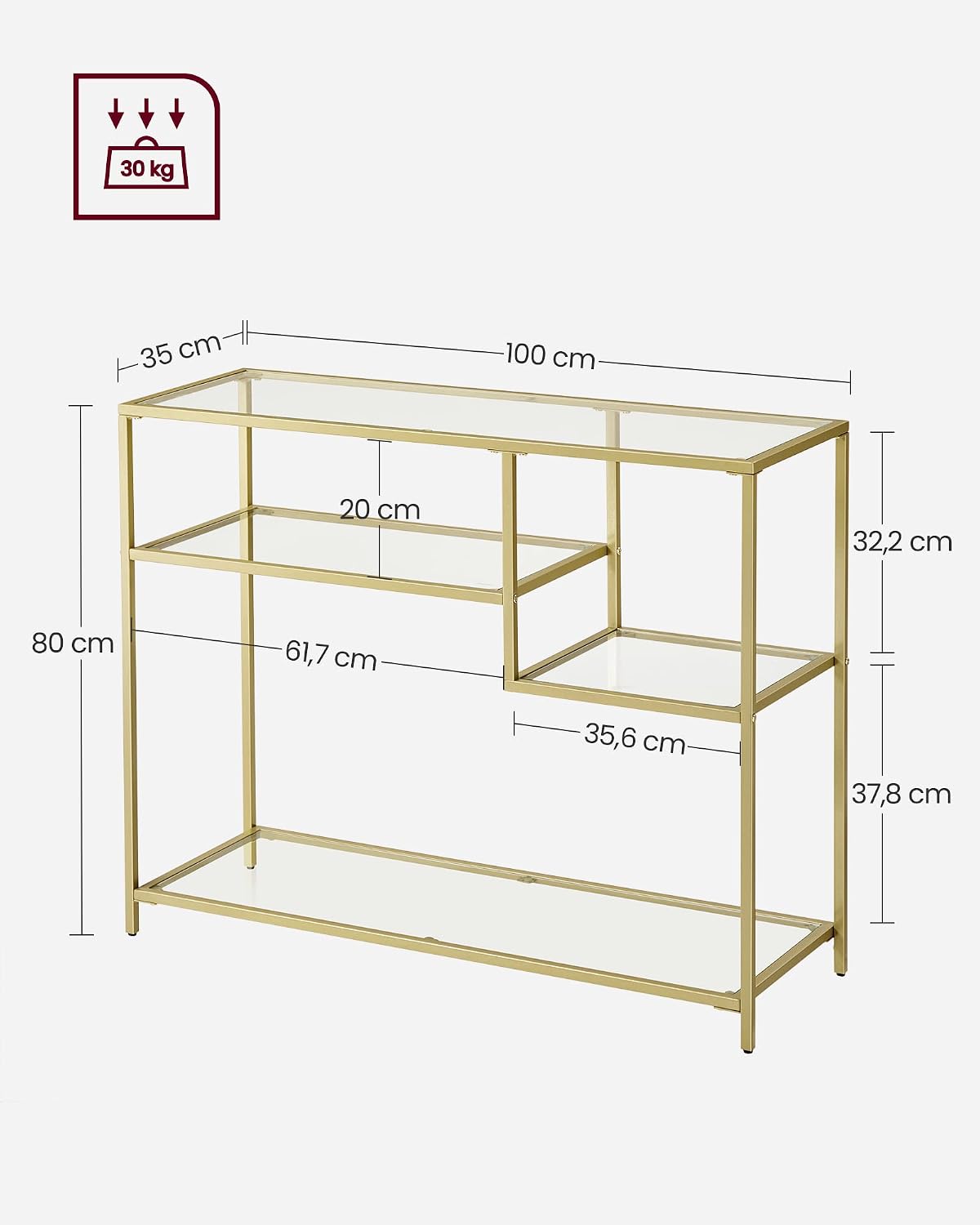Konsolentisch 100x35x80 cm Hartglas Gold Stahl von Songmics
