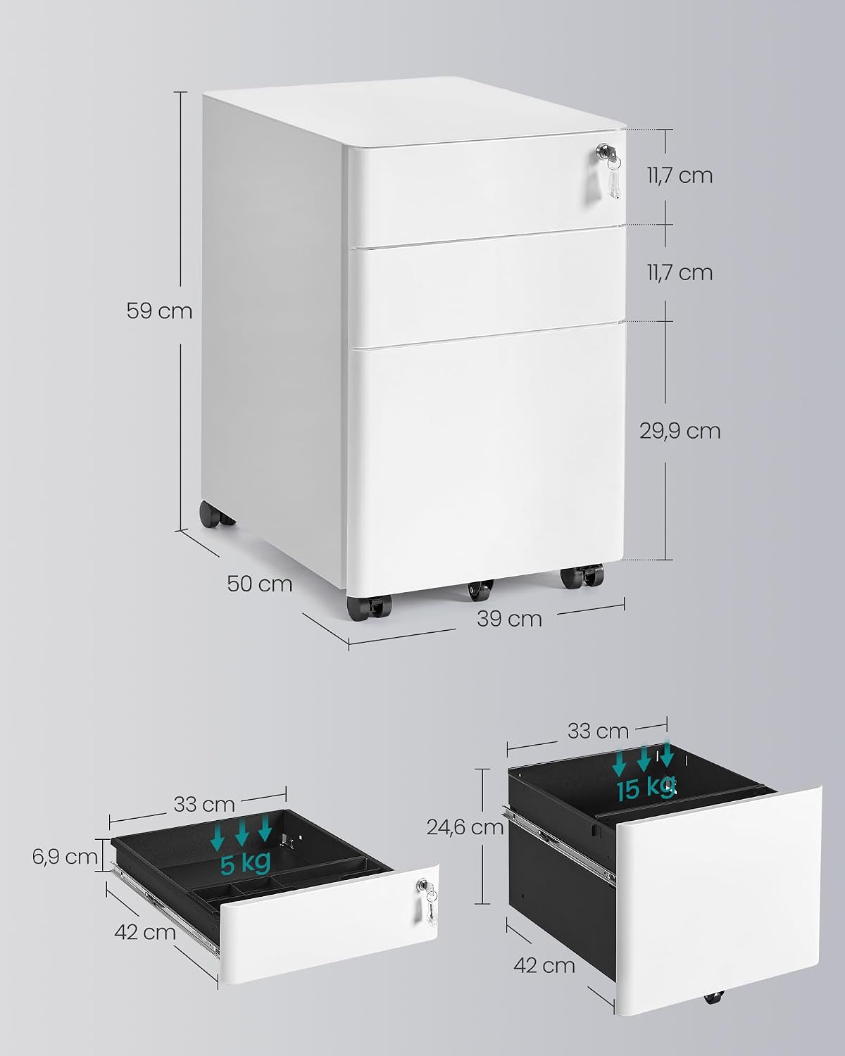 Rollcontainer 3 Schubladen Aktenschrank 50x39x59 cm Weiss von Songmics