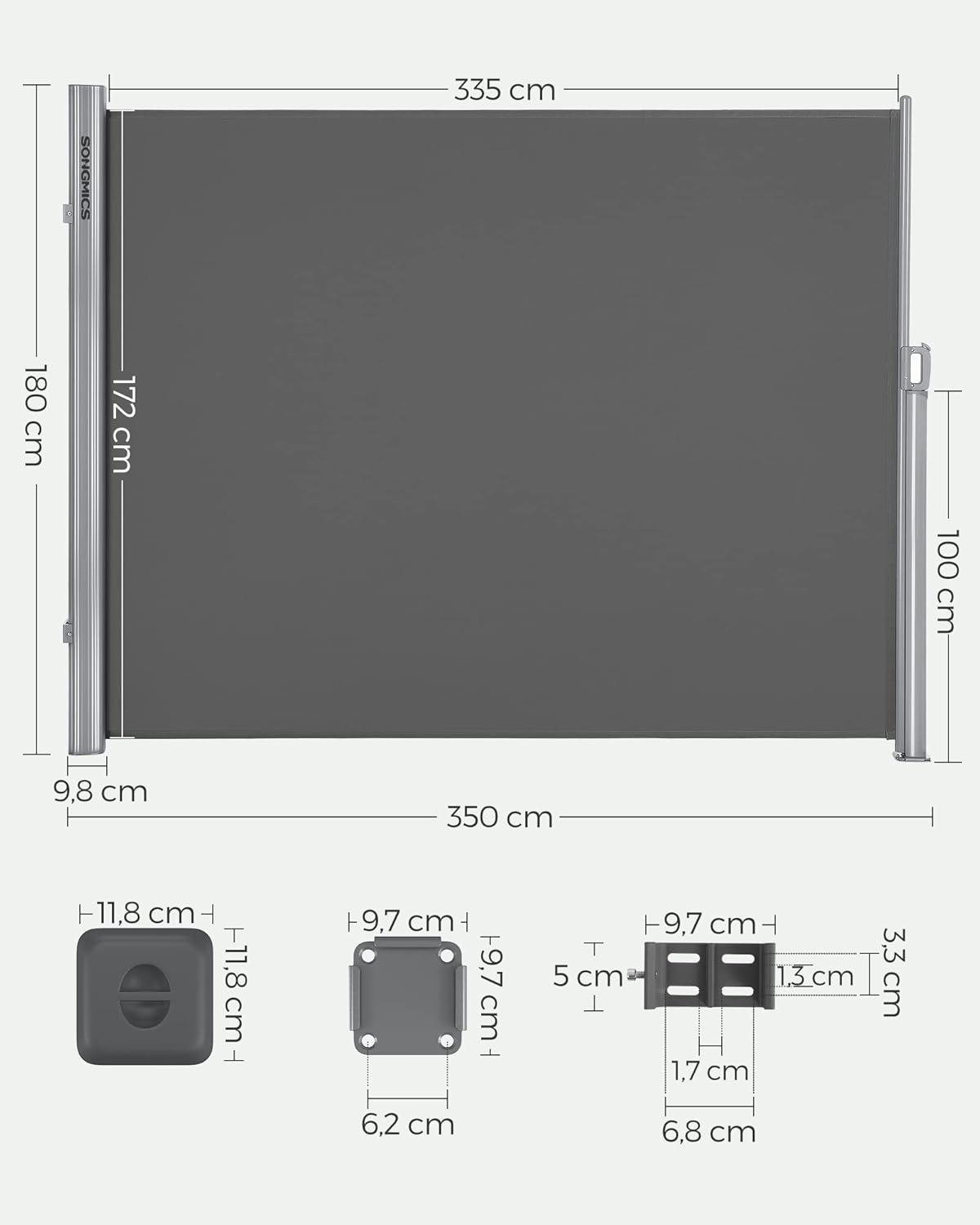 Seitenmarkise 180x350 cm Sichtschutz Terrasse Grau von Songmics