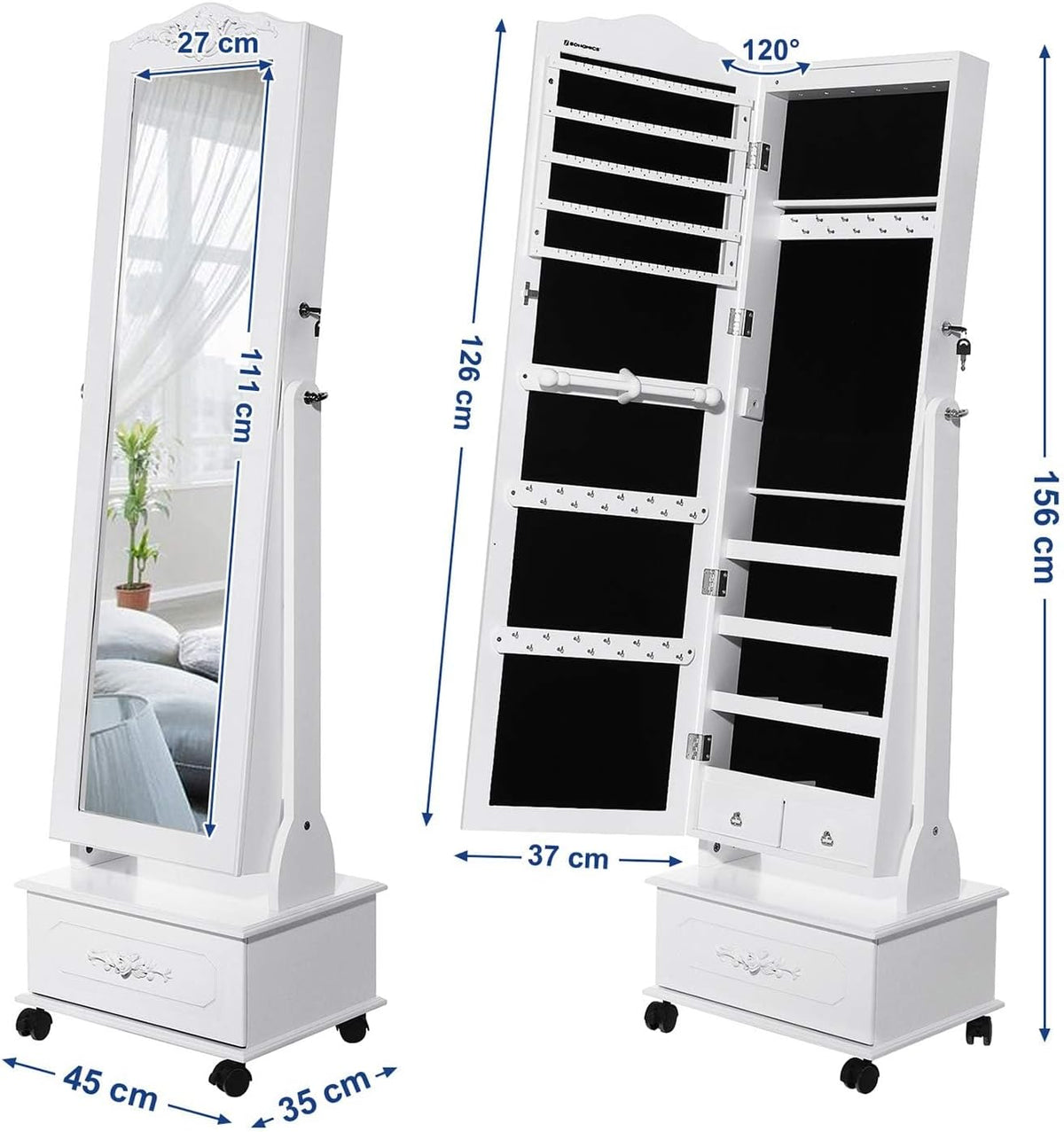 Schmuckschrank mit Spiegel LED 45x45x156 cm Weiss von Songmics