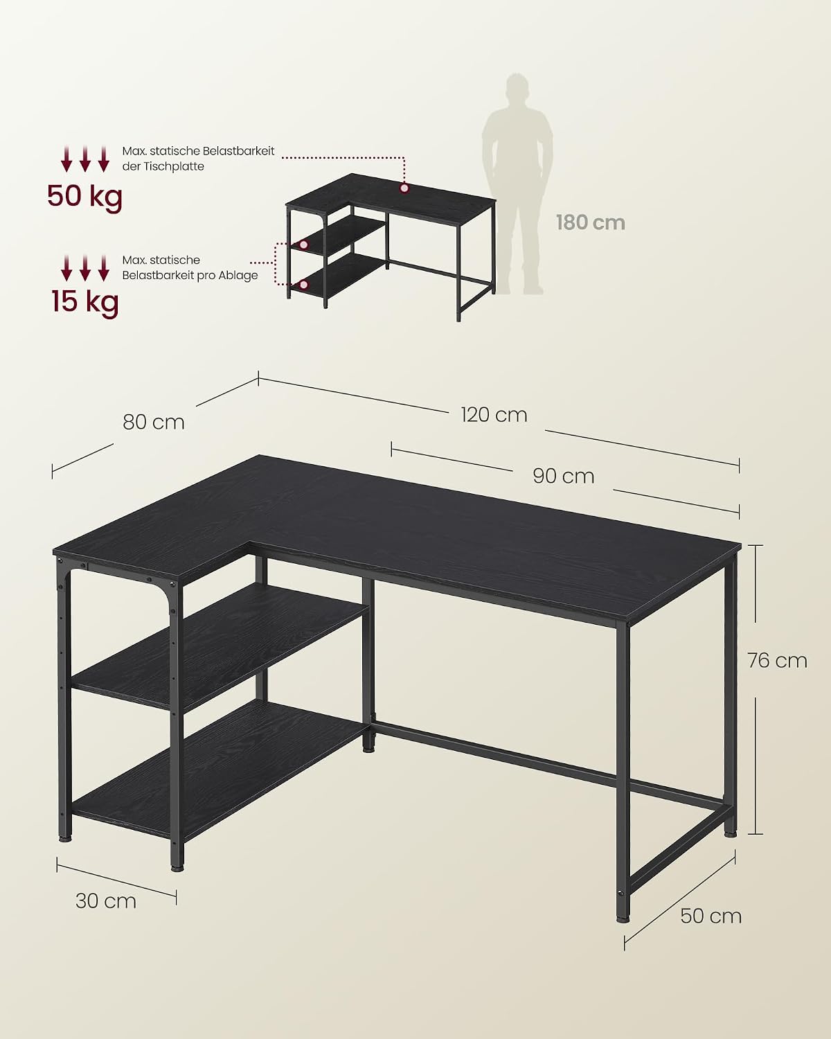 Eckschreibtisch 120x80x76 cm L-förmig Schwarz von Songmics