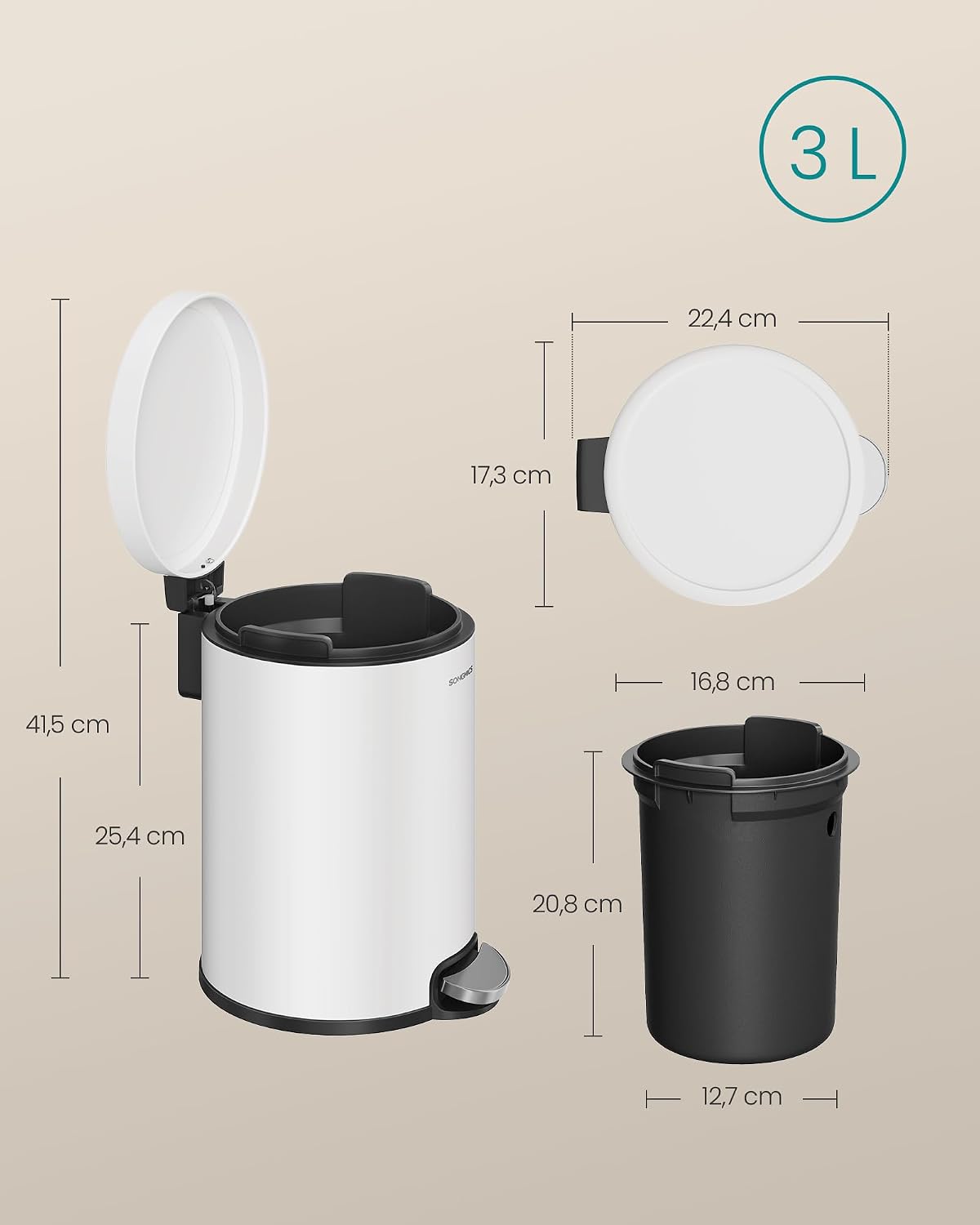 Badezimmereimer 3 l Treteimer Soft-Close Wolkenweiss von Songmics