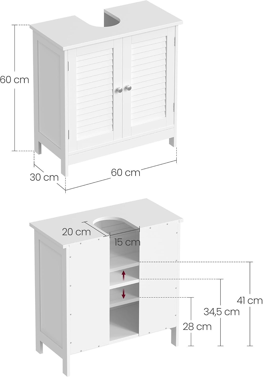 Waschbeckenunterschrank 60x30x60 cm Weiss 2 Türen von Songmics