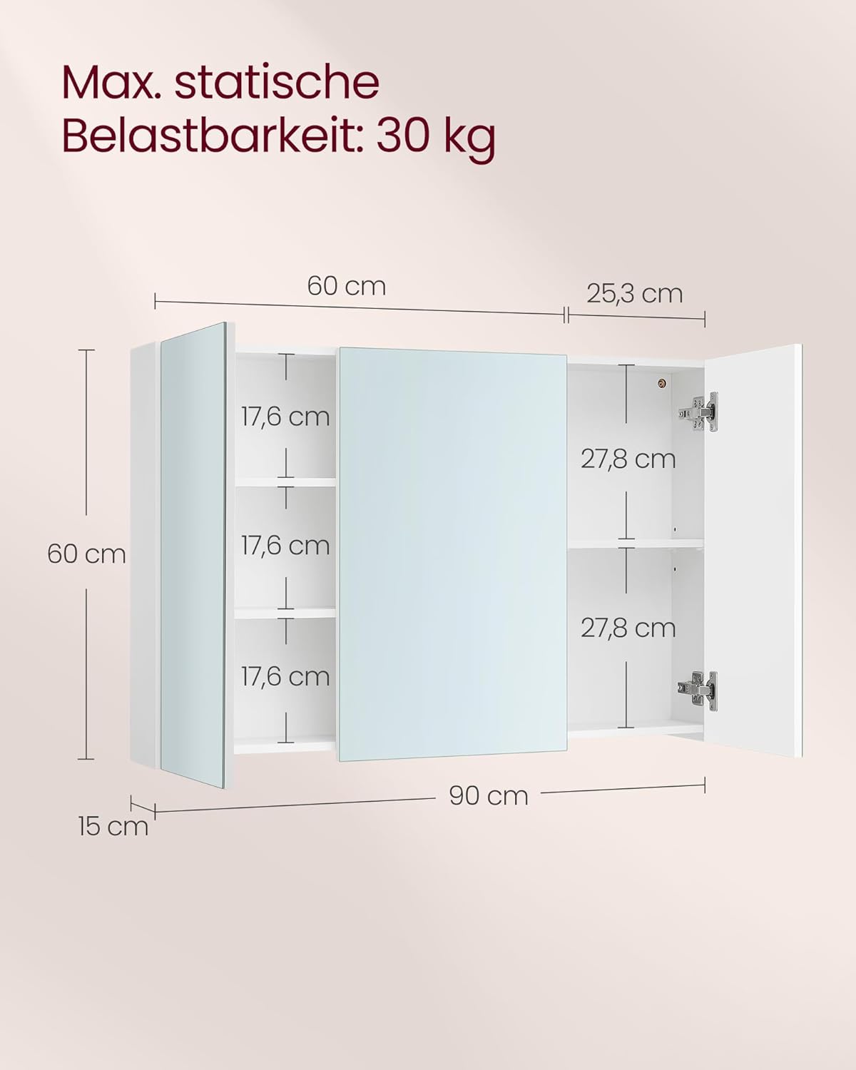 Spiegelschrank Bad 3 Türen weiß 90 cm verstellbar von guteszeug.ch