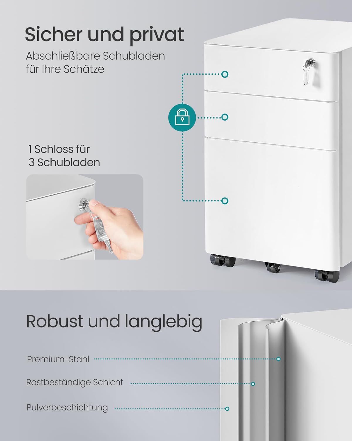 Rollcontainer 3 Schubladen Aktenschrank 50x39x59 cm Weiss von Songmics