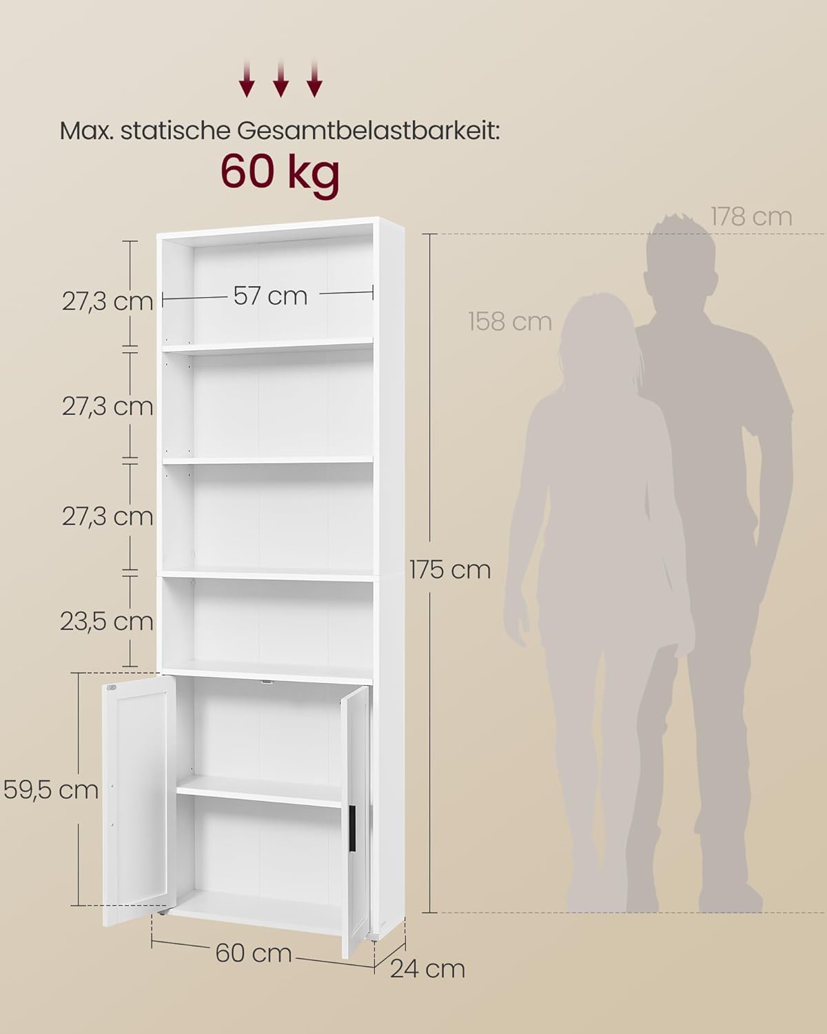 Bücherregal mit Türen 6 Ebenen 24x60x175 cm Weiß von Songmics
