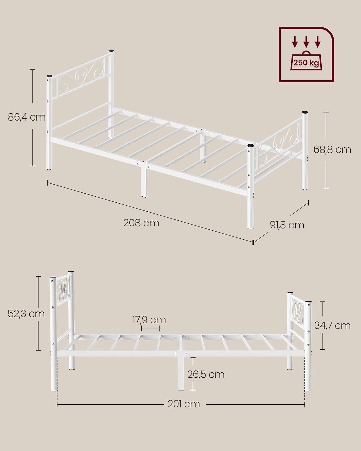 Doppelbettgestell 140x190 cm Metallbett Cloudweiss von Songmics