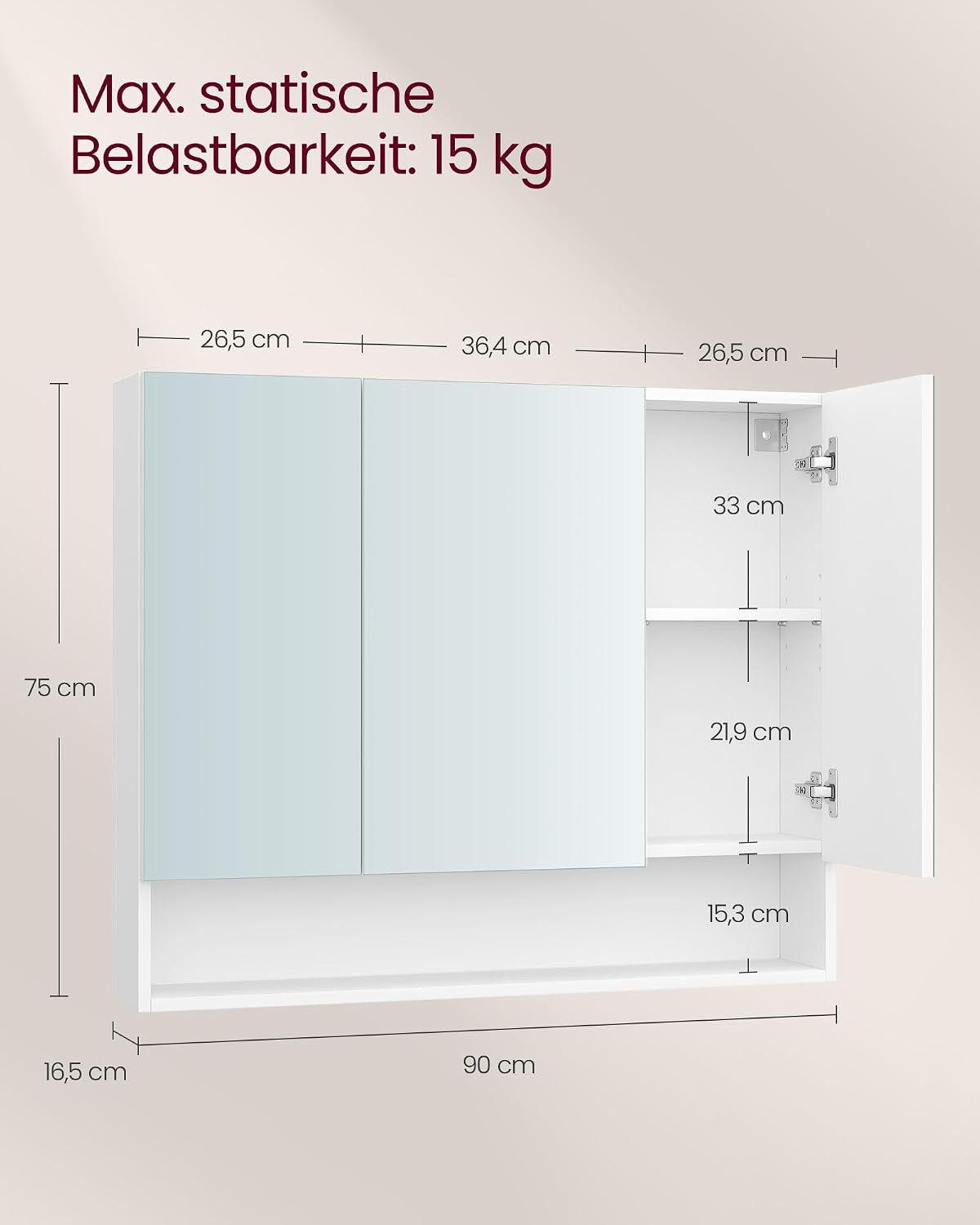 Spiegelschrank 90 cm 3 Türen wandmontiert Wolkenweiss von Songmics