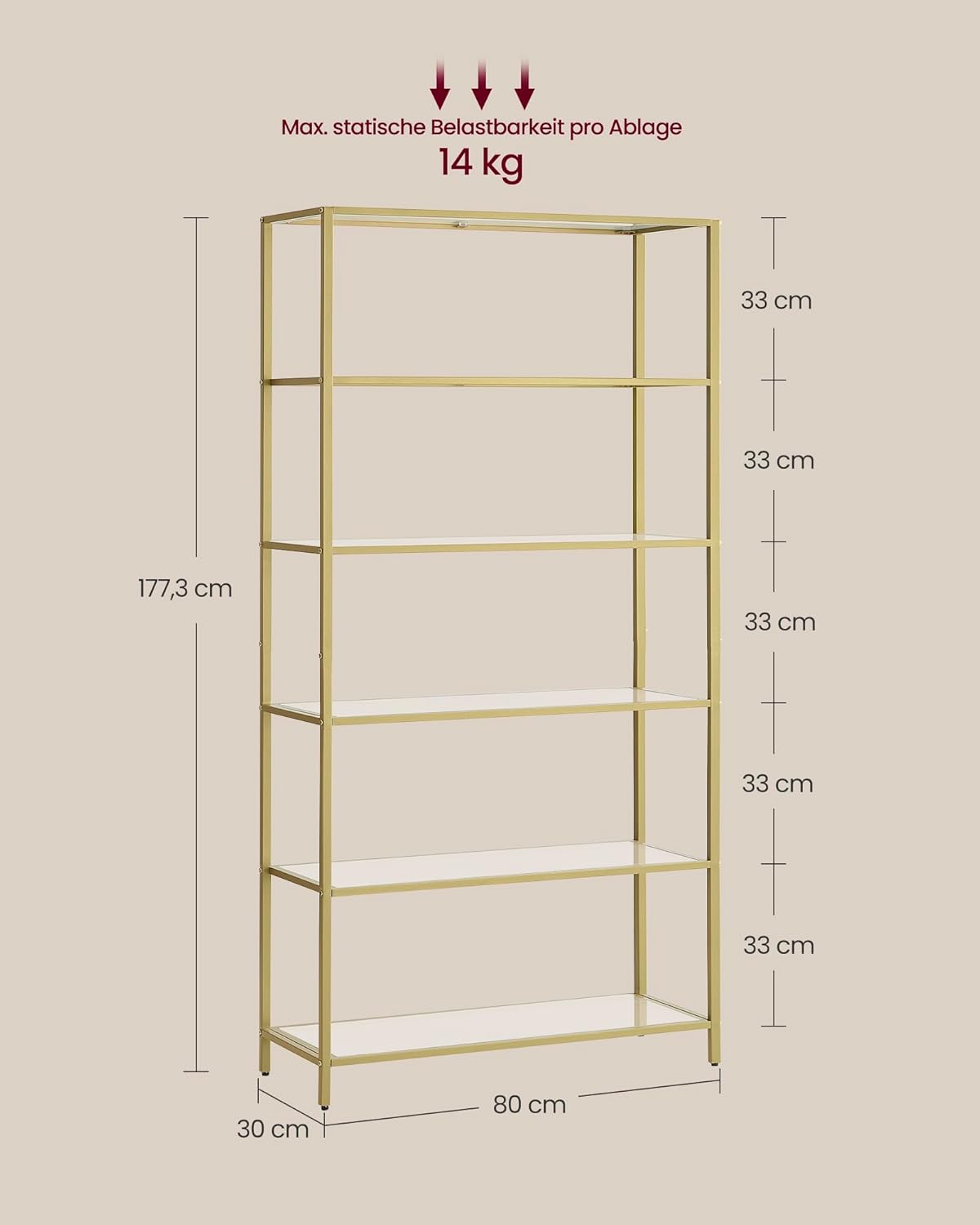 Badregal 6 Ablagen Glas Metall Gold Badezimmer Küche von Songmics
