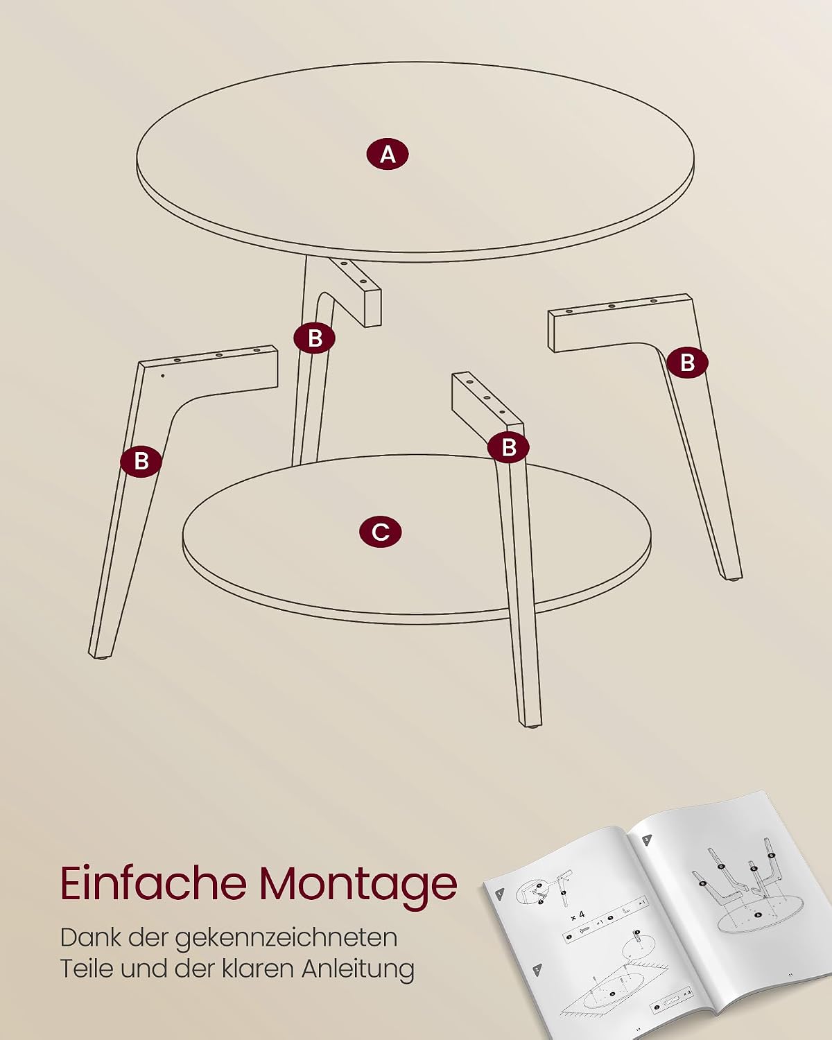 Couchtisch 2 Ebenen rund 80x80x45 cm Honigbraun von Songmics