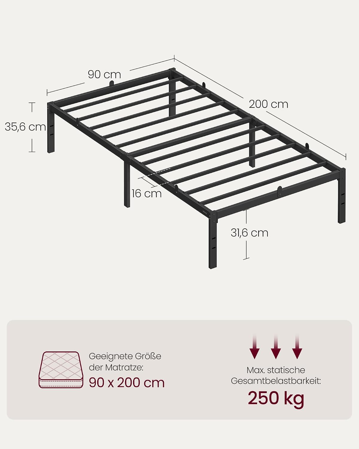 Einzelbett Bettgestell 90x200 cm Metall Tintenschwarz von Songmics