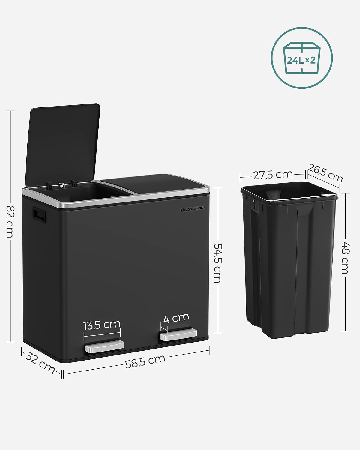 Abfalleimer 2 Fächer 58,5x32x54,5 cm Schwarz Stahl von Songmics