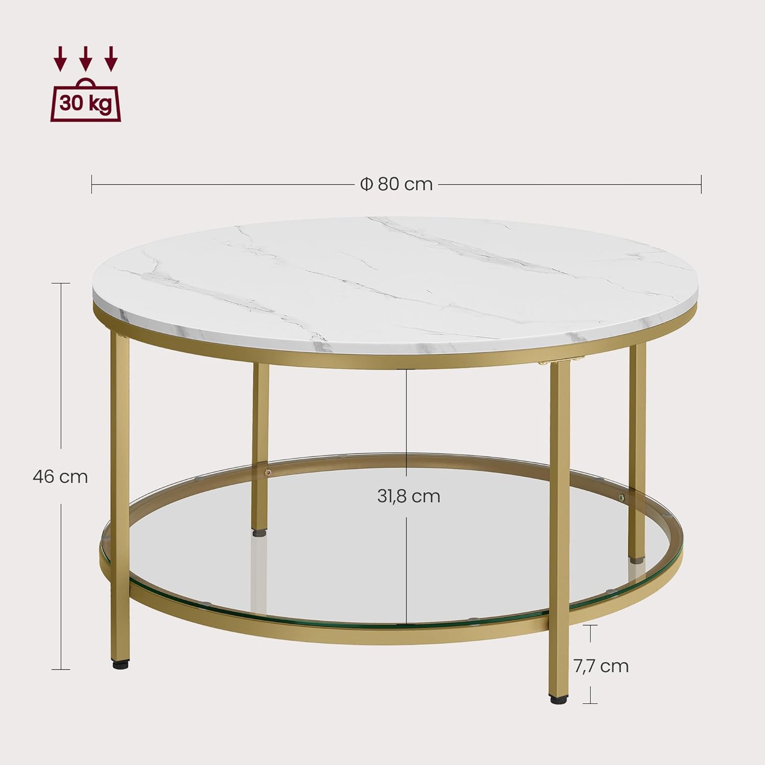 Couchtisch Glasplatte Marmor Optik Wohnzimmer Stauraum Gold von Songmics