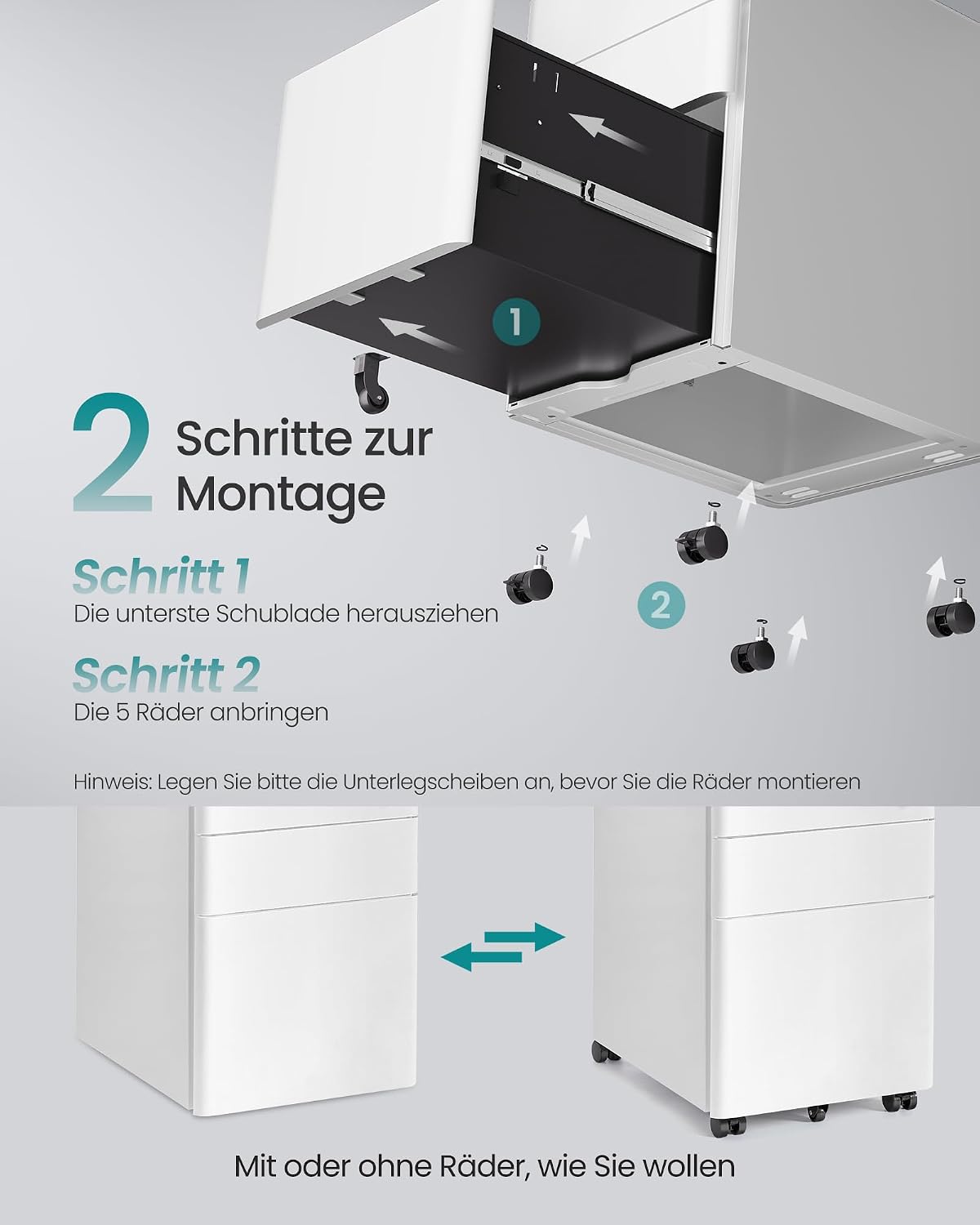 Rollcontainer 3 Schubladen Aktenschrank 50x39x59 cm Weiss von Songmics