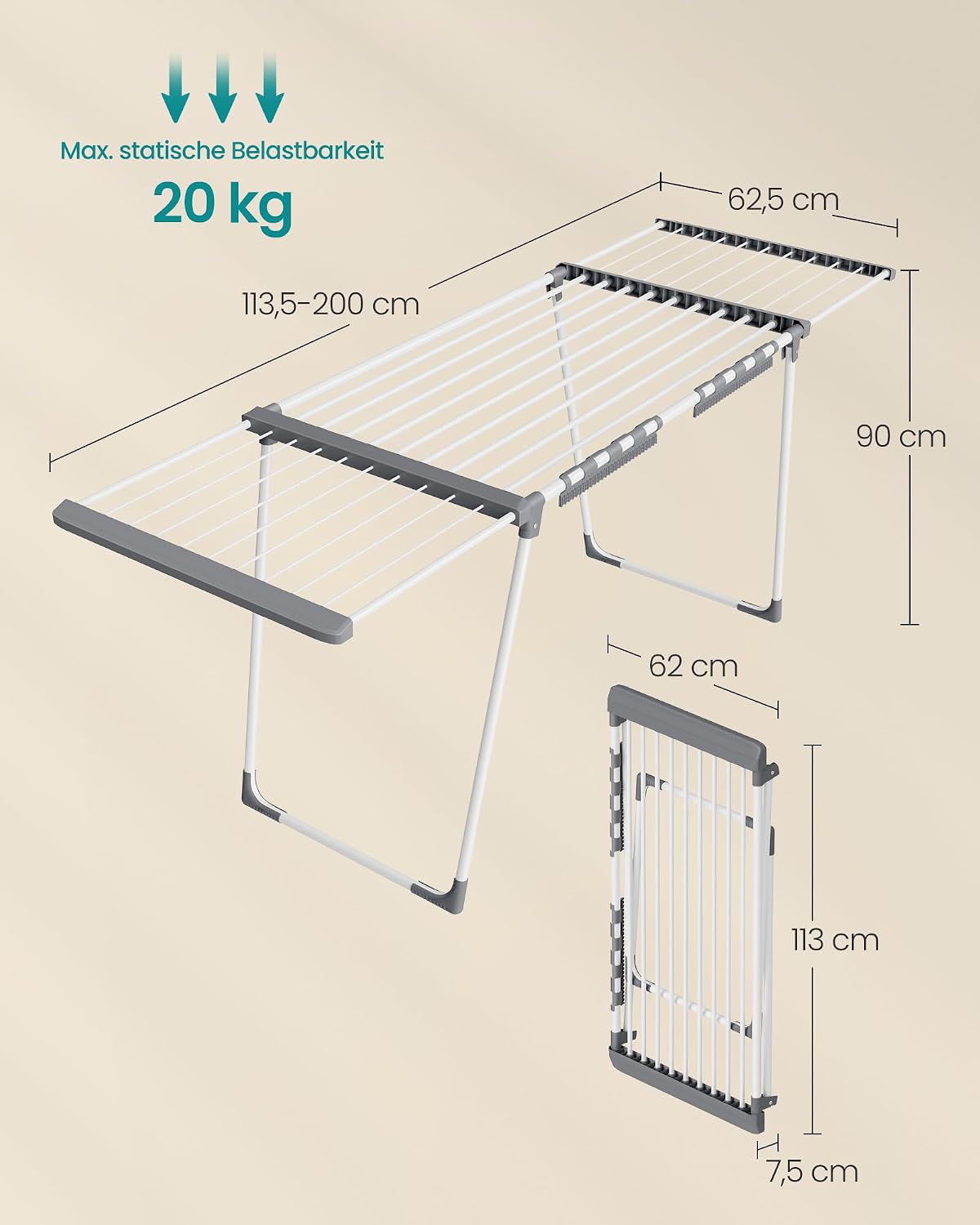 Flügelwäscheständer ausziehbar 22 m 24 kg Perlweiss von Songmics