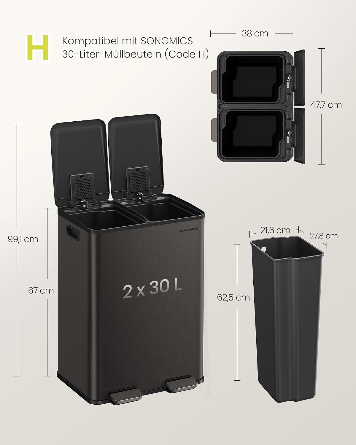 Treteimer 2 Fächer 60 Liter Abfalleimer Schiefergrau von Songmics