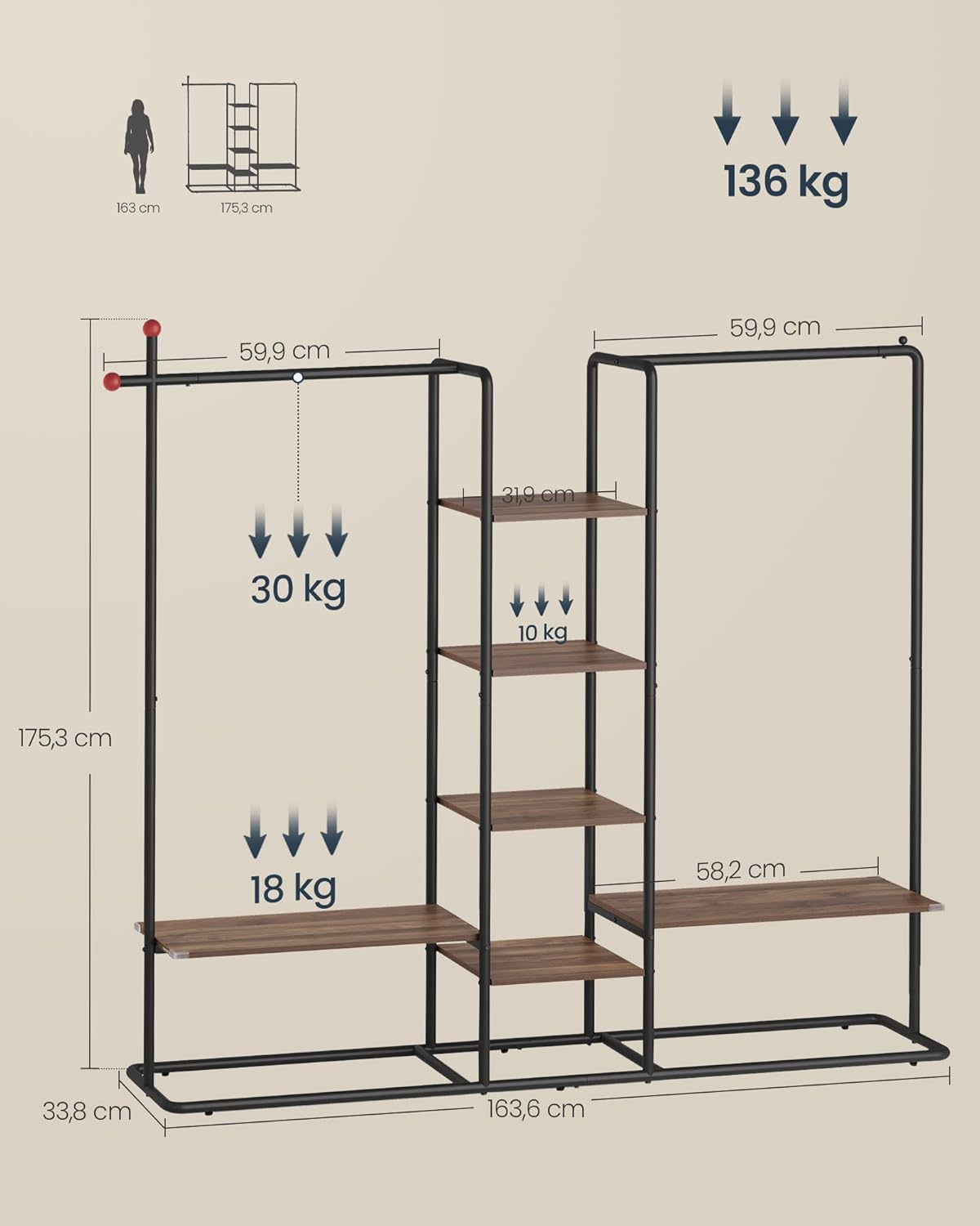 Kleiderständer mit 6 Ablagen 2 Kleiderstangen und Haken von Songmics