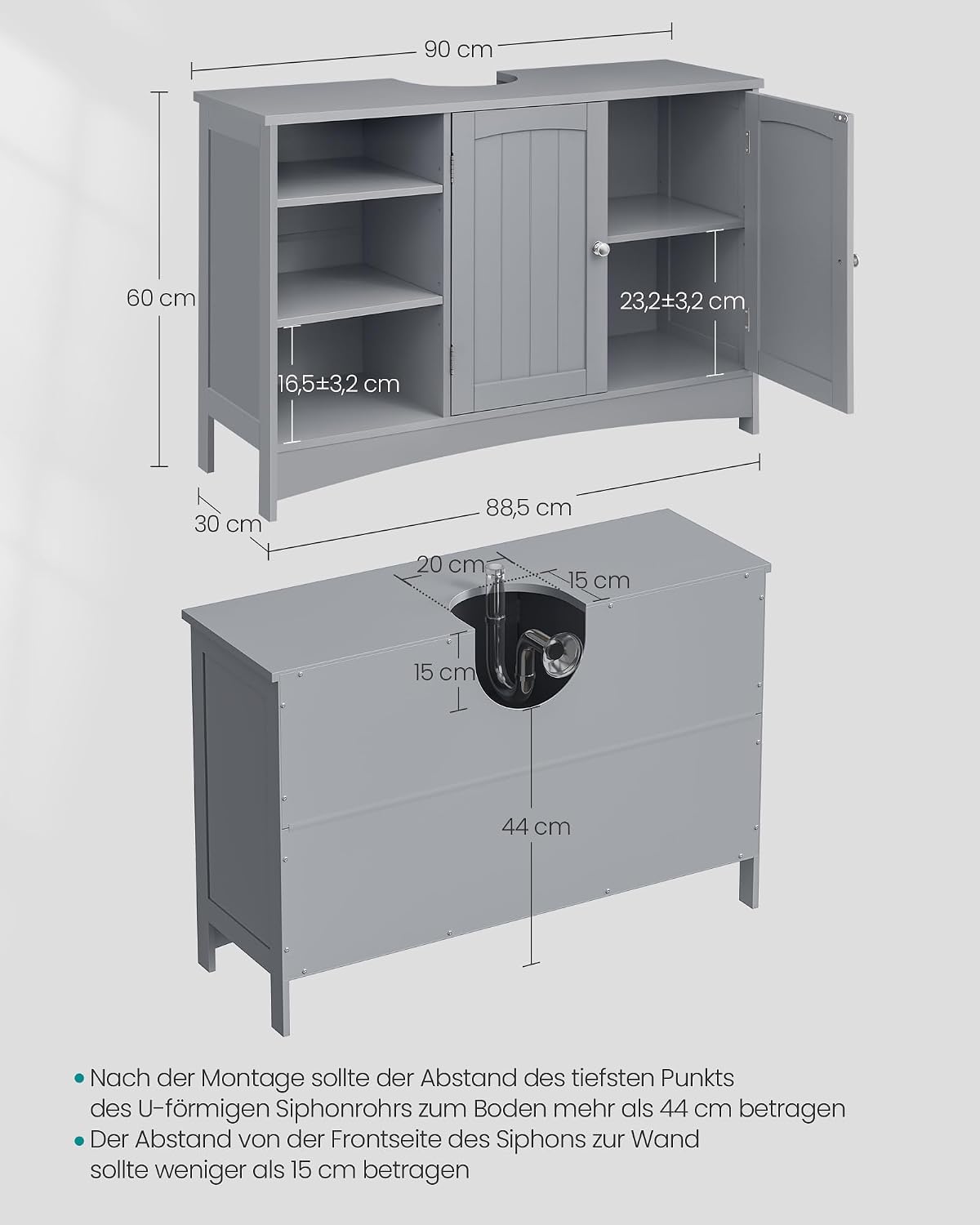 Waschbeckenunterschrank Badschrank 90x30x60 cm Taubengrau von Songmics