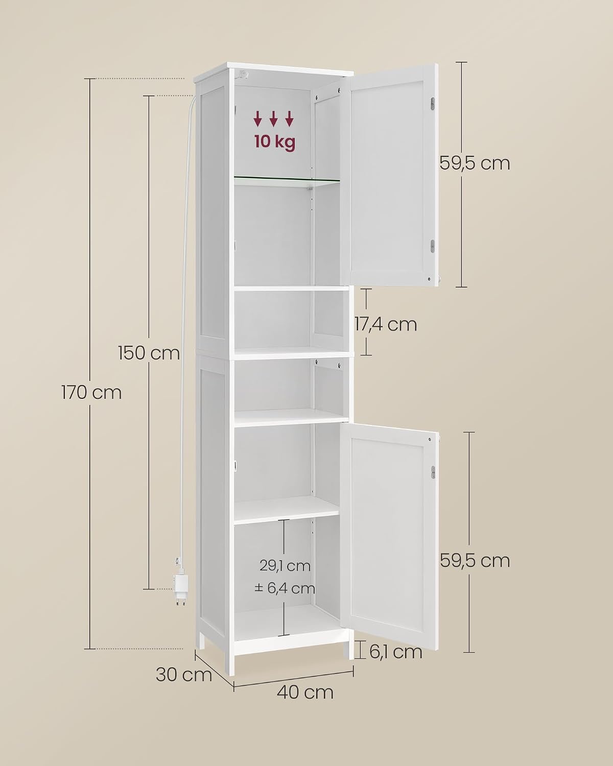 Badezimmerschrank Hochschrank 40x30x170 cm Wolkenweiss von Songmics