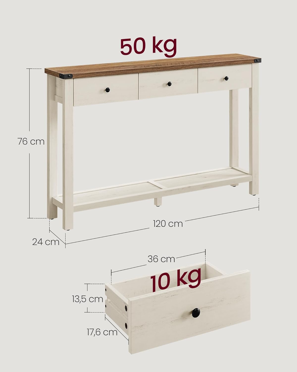 Konsolentisch schmal 3 Schubladen Ablage Landhausstil von Songmics
