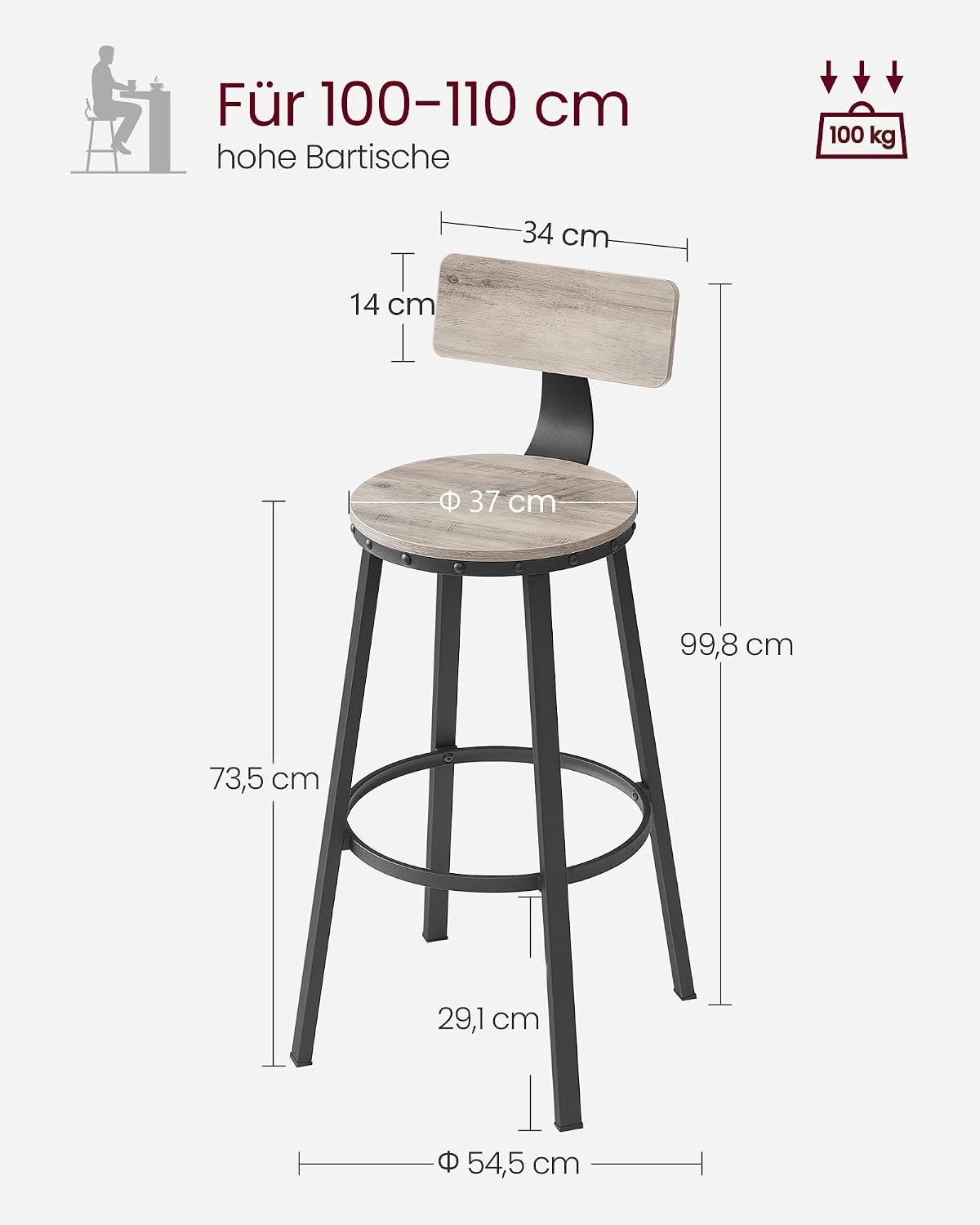 Barhocker 2er Set Vintage Industrial Greige von Songmics