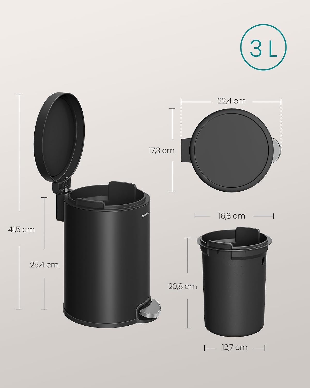 Badezimmereimer 3 l Kosmetikeimer Soft-Close Schwarz von Songmics