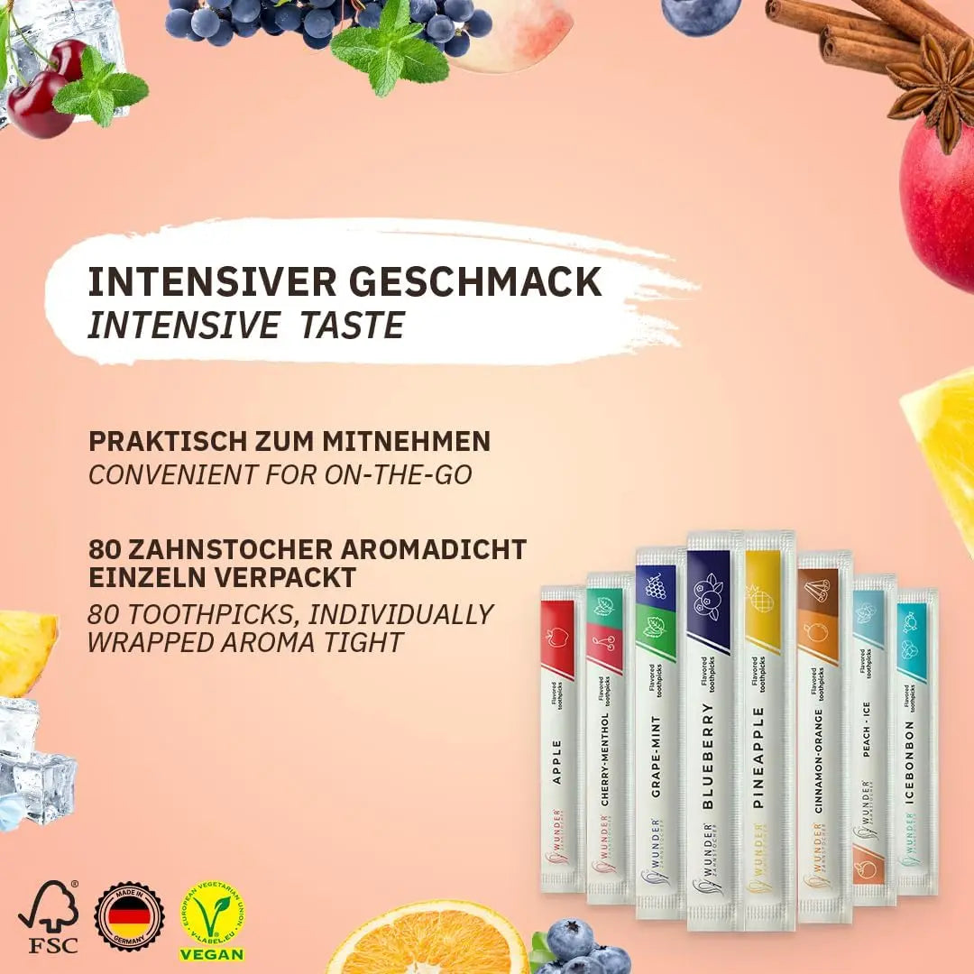 Probierpaket 8 Geschmacksrichtungen (80x Zahnstocher) von Wunder Zahnstocher