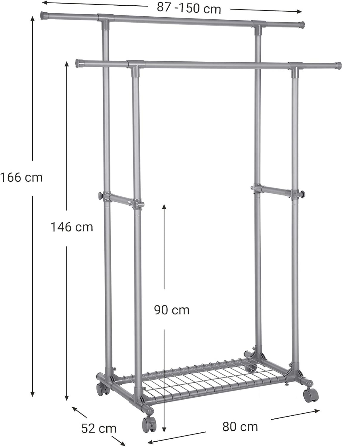 Kleiderständer auf Rollen 2 Stangen 87-150 cm Grau von Songmics