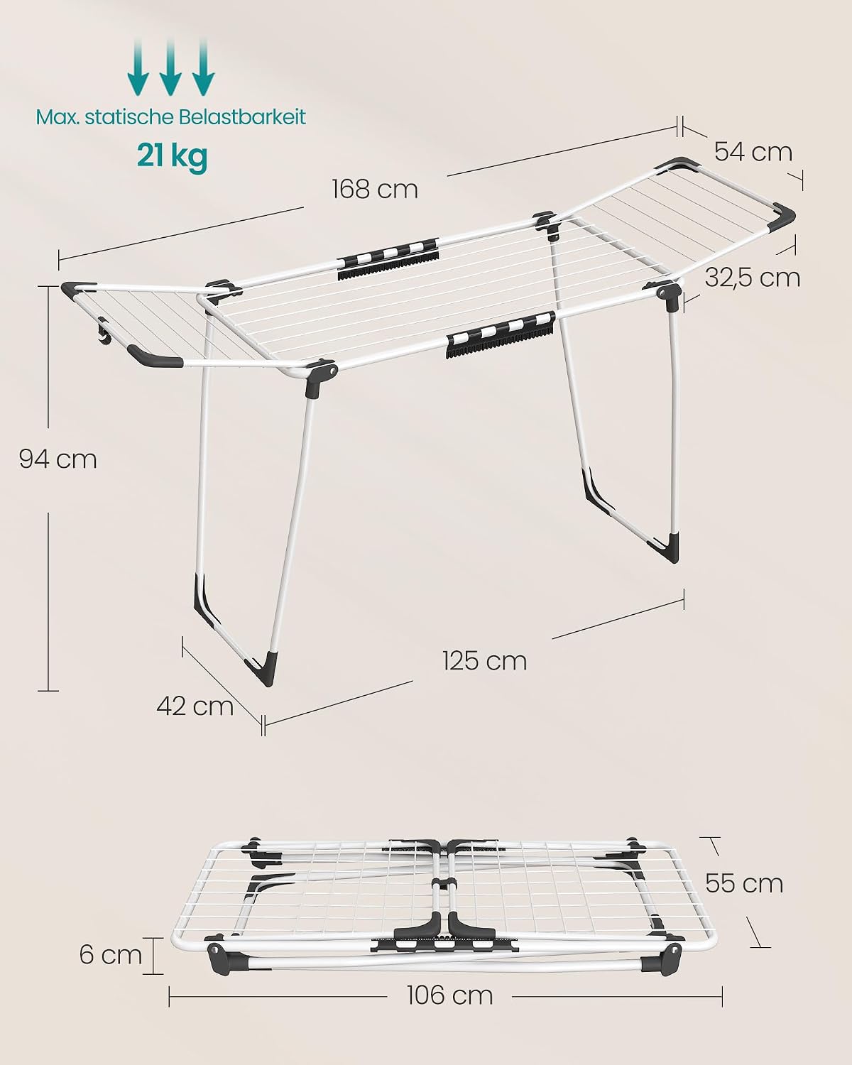 Flügelwäscheständer 18 m Trockenfläche 18 kg Mattweiss von Songmics