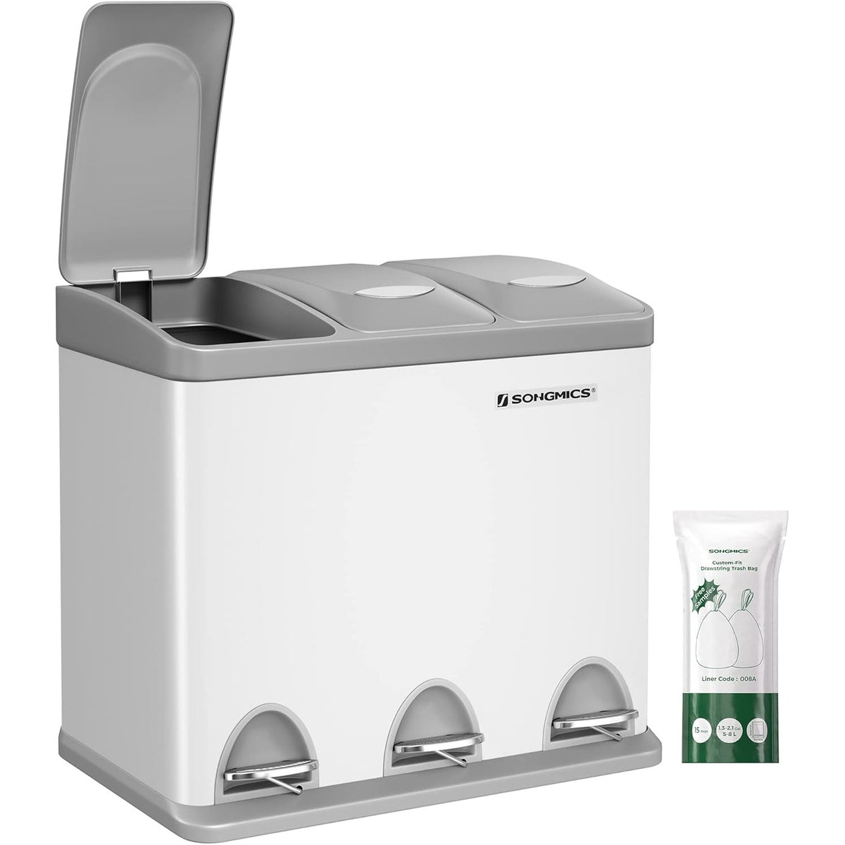 Mülltrenner 3 Fächer 24 l Tretmülleimer Weiss von Songmics