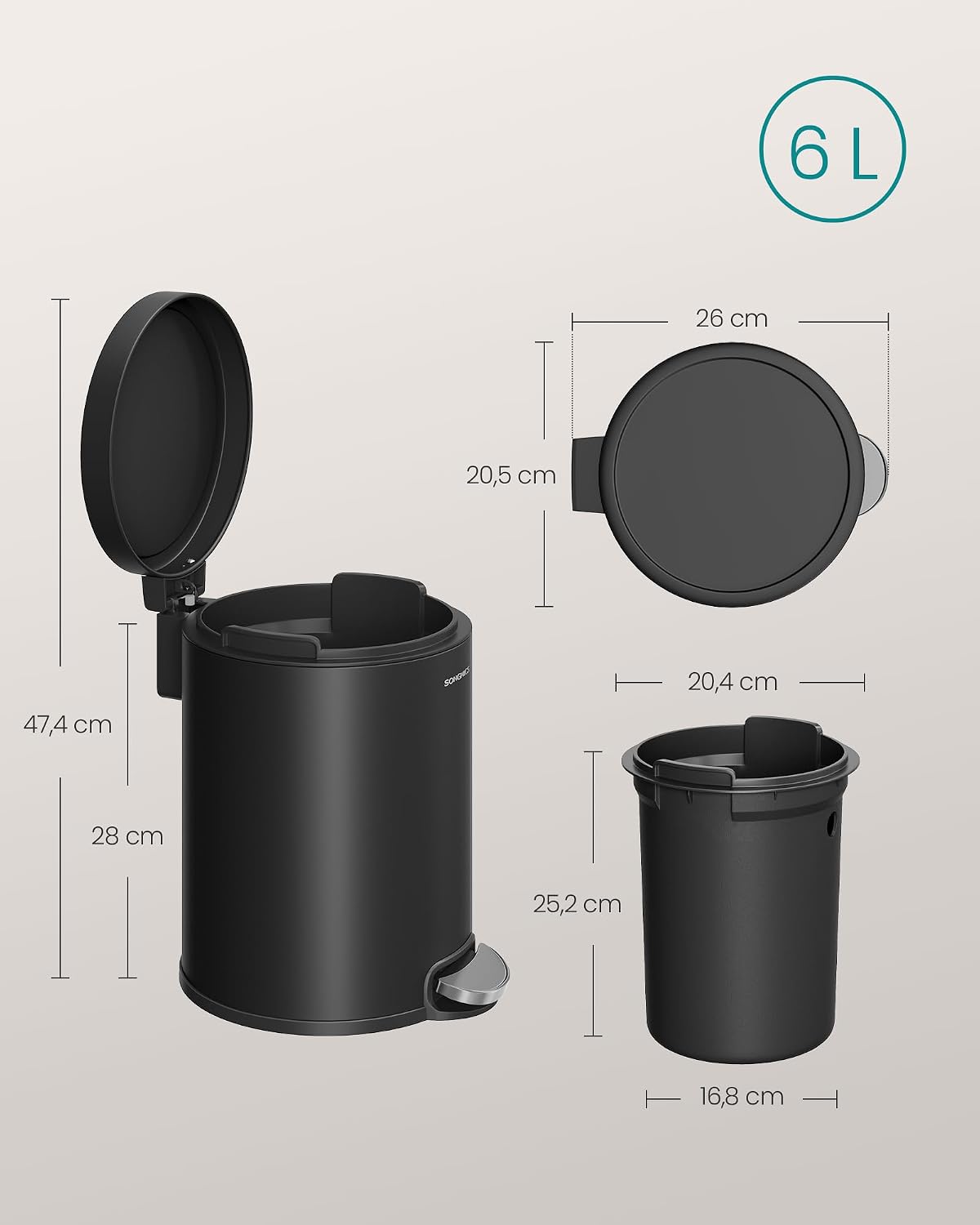 Badezimmereimer 6 l Treteimer Soft-Close Tintenschwarz von guteszeug.ch