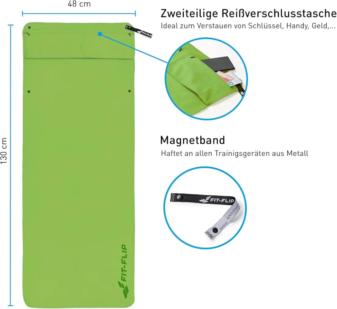 Fitnesshandtuch Mikrofaser mit Reissverschlusstasche 130x48cm Grün von guteszeug.ch
