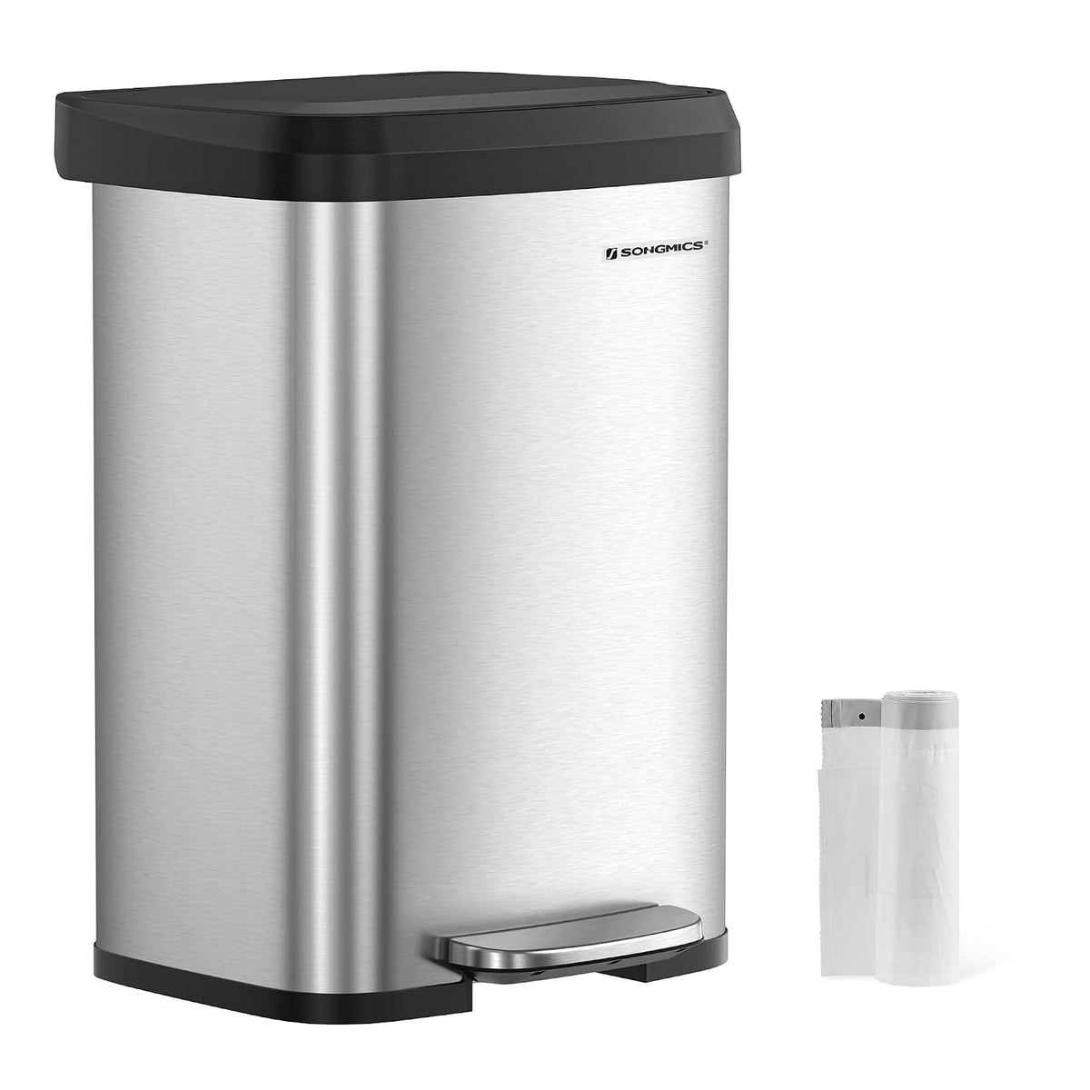 Abfalleimer 50 Liter mit Pedal Soft-Close Silber Schwarz von Songmics