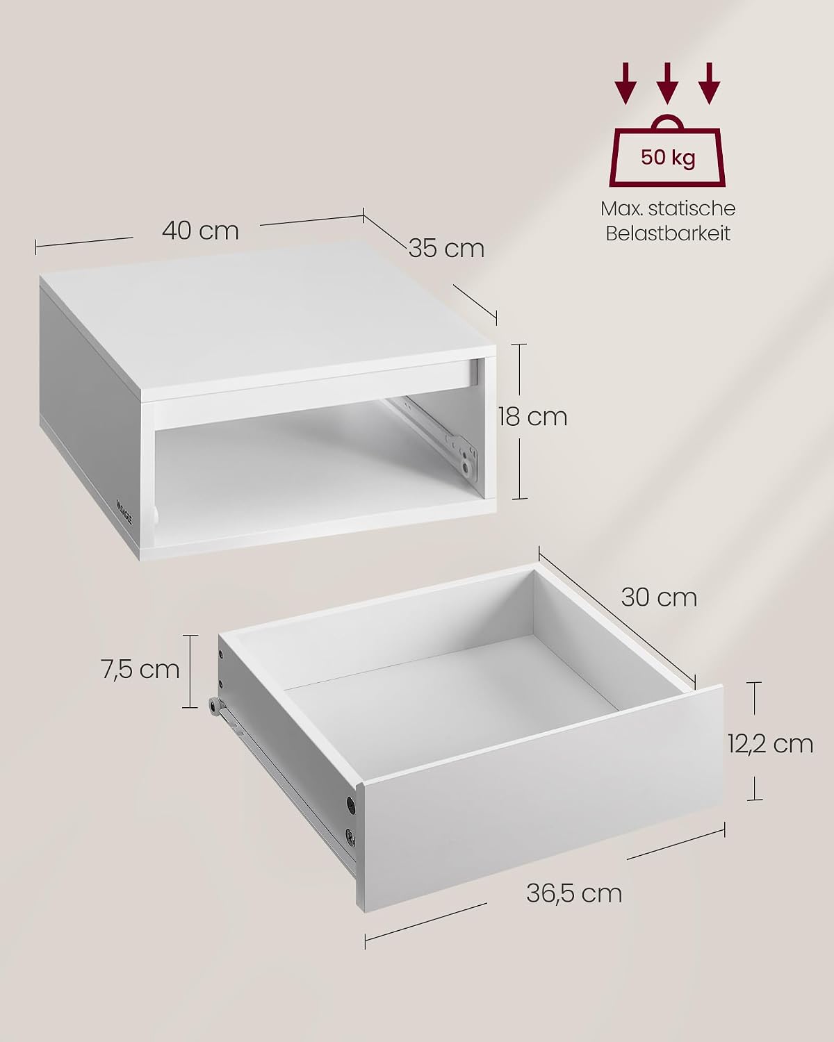 Nachttische 2er Set schwebend 40x35x19 cm Weiss LED von Songmics