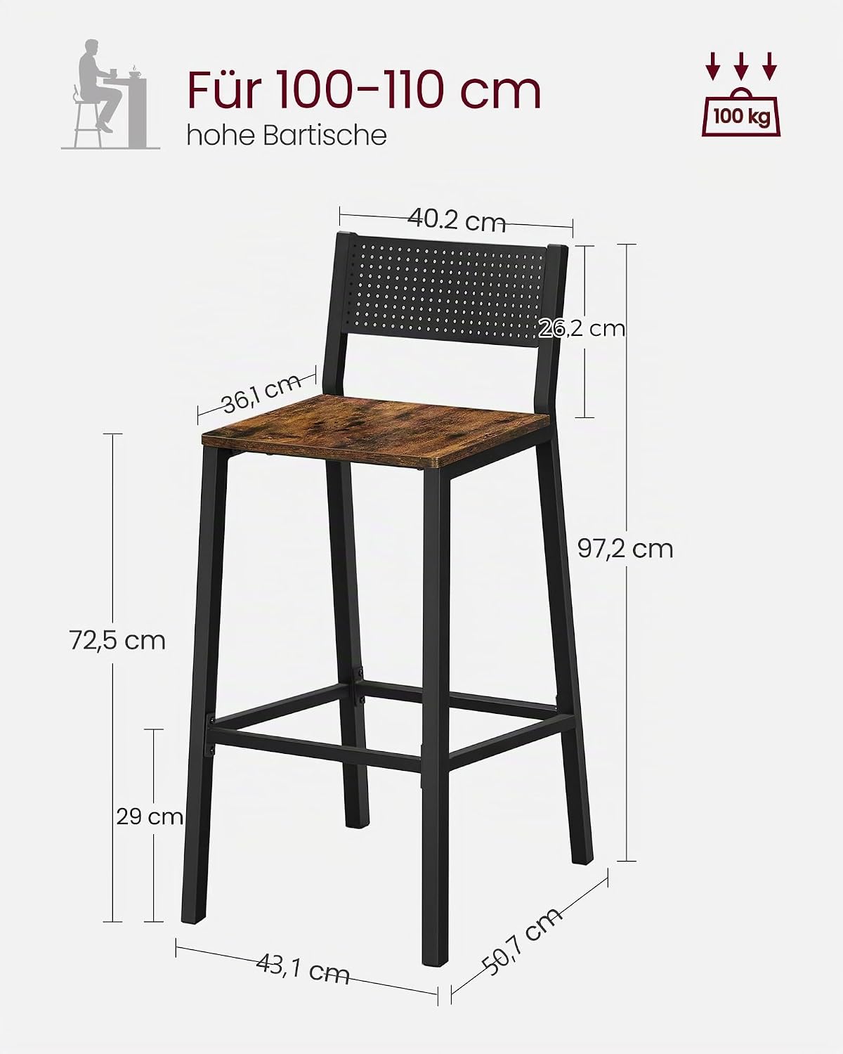 Barhocker 97 cm mit Rückenlehne Industrial Braun Schwarz von Songmics
