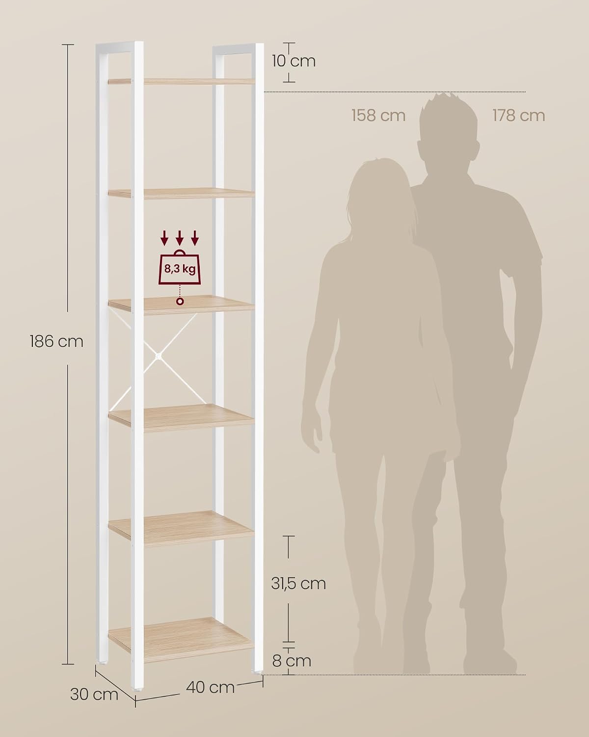 Bücherregal 6 Ebenen Standregal 30x40x186 cm Naturbeige von Songmics