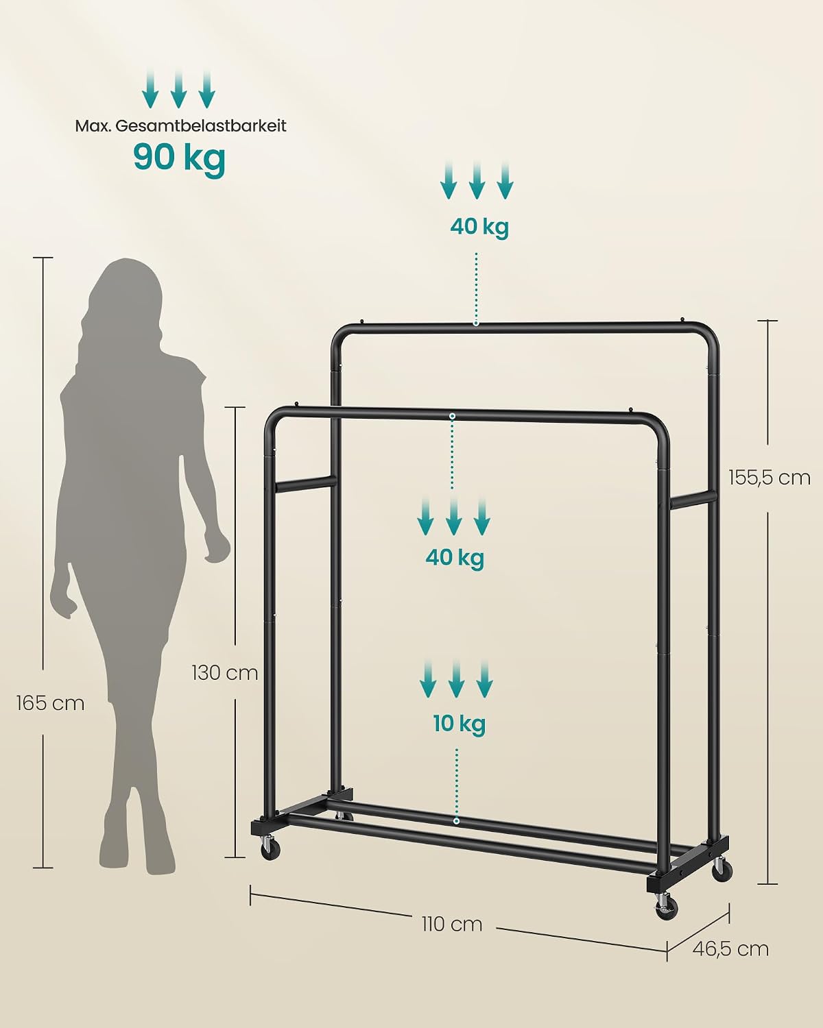 Kleiderständer mobil 2 Stangen 110x46,5x155,5 cm Schwarz von Songmics