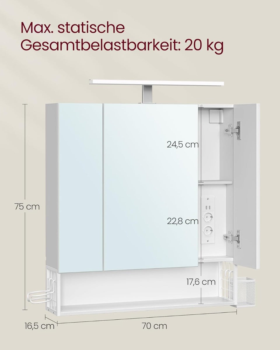 Spiegelschrank 3-türig Steckdose weiss Holz von Songmics